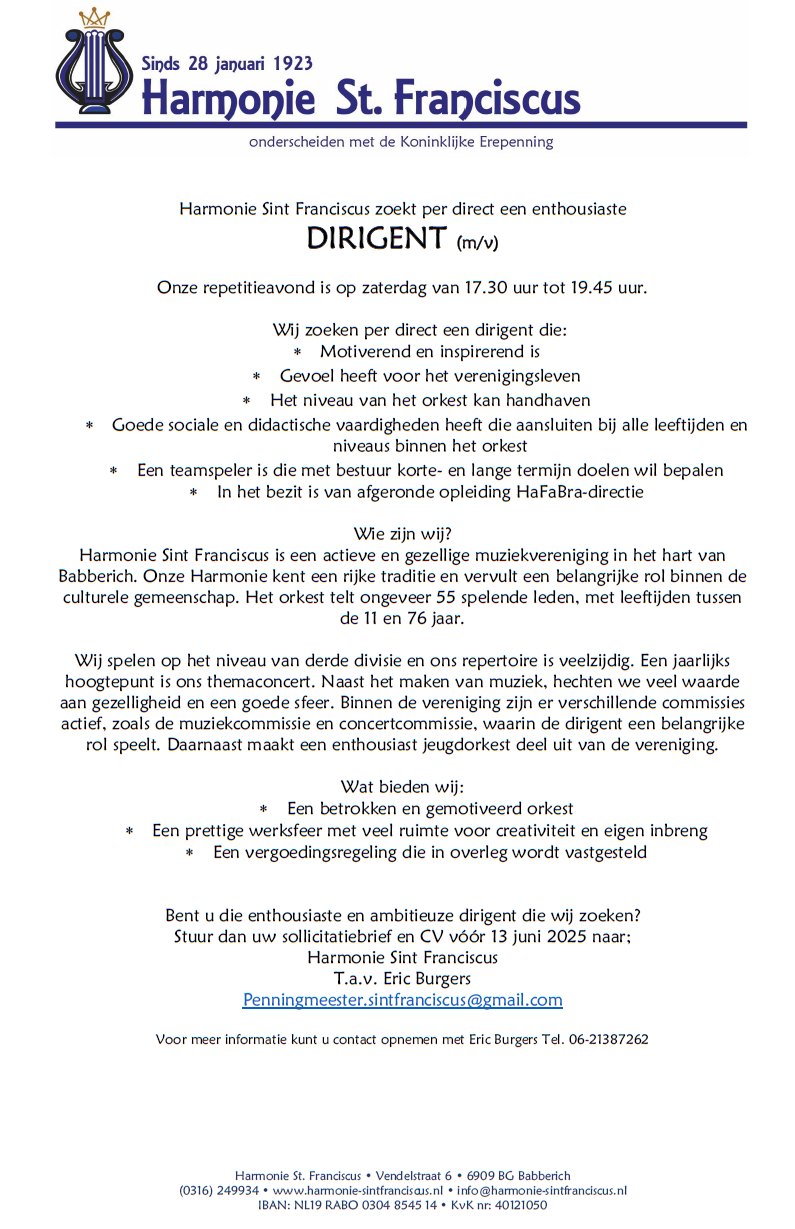 Vacature dirigent Harmonie Sint Franciscus
